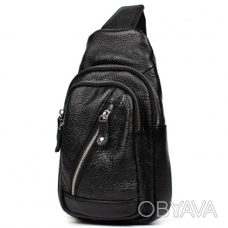 Нагрудна сумка шкіряна слінг рюкзак на одне плече Limary lim-6510 із чорної шкір. . фото 1