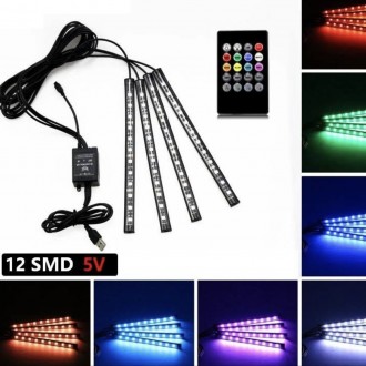 Универсальная светодиодная подсветка салона RGB LED для автомобиля с микрофоном . . фото 2