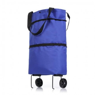 Универсальная складная портативная сумка-тележка для покупок на колесиках, синяя. . фото 4