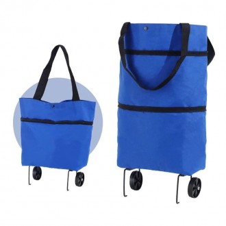 Универсальная складная портативная сумка-тележка для покупок на колесиках, синяя. . фото 2