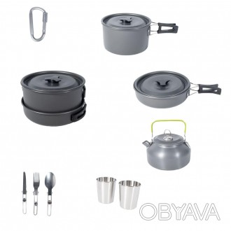 Алюминиевый кемпинговый набор посуды DS-308 (кастрюля, сковорода, чайник и столо. . фото 1
