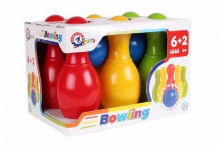 Яркий пластиковый набор для боулинга. В комплекте: 6 кеглей и 2 шара для боулинг. . фото 3