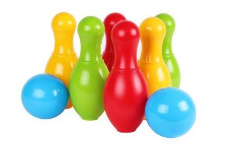 Яркий пластиковый набор для боулинга. В комплекте: 6 кеглей и 2 шара для боулинг. . фото 2