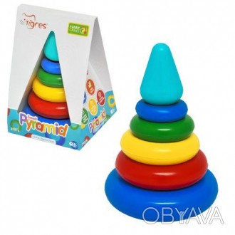 Яскрава пластикова іграшка "Пірамідка". Гра складається з основи, 5 різнокольоро. . фото 1
