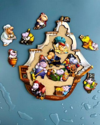 Пазл-вкладыш "Бегемотики-пираты". Пазл состоит из рамки-корабля и 13 пиратов-бег. . фото 5