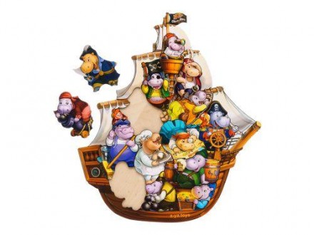 Пазл-вкладыш "Бегемотики-пираты". Пазл состоит из рамки-корабля и 13 пиратов-бег. . фото 3