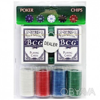 Набір для покеру "Poker Chips". Набір включає 2 колоди карт та набір ігрових фіш. . фото 1