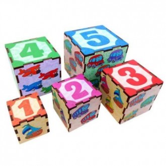 Набор из 5-ти деревянных кубиков разного размера с изображениями разного количес. . фото 2