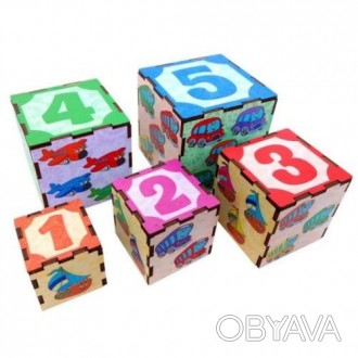 Набір з 5-ти деревʼяних кубиків різного розміру з зображеннями різної кількості . . фото 1