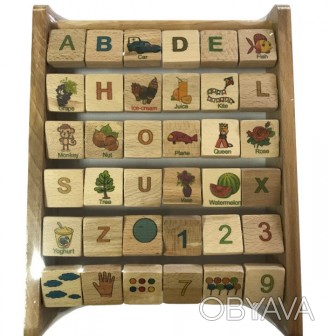 Набір з 36 дерев'яних кубиків з буквами англійського алфавіту з одного боку і зо. . фото 1