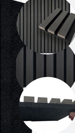 Акустическая стеновая МДФ панель. Цвет: войлок - черный, рейки - черный мат. ВхШ. . фото 4