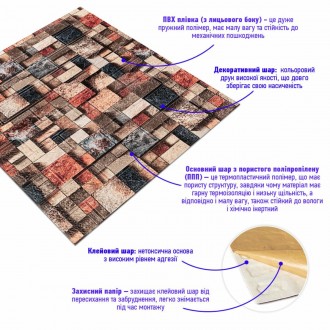 Декоративна 3D панель самоклейка під цеглу Кольорова мозаїка 700х770х4мм (350).
. . фото 3