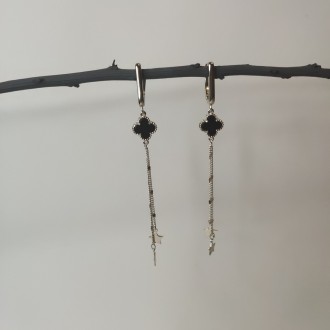 Родированые серебряные серьги 925 пробы с натуральным ониксом. Родированные укра. . фото 5