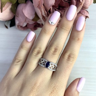 Родированное серебряное кольцо 925 пробы с натуральным сапфиром. Родированные ук. . фото 4