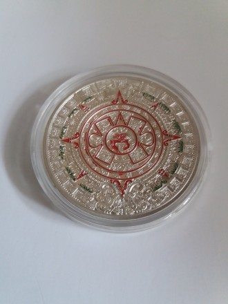 Монета Ацтекський календар (Камінь Сонця). Посрібнений сплав. Розмір 40*3 мм.
К. . фото 3