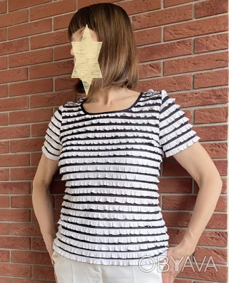 
Женская футболка-блузка морячка из эластичного трикотажа в чёрно-белую полоску . . фото 1