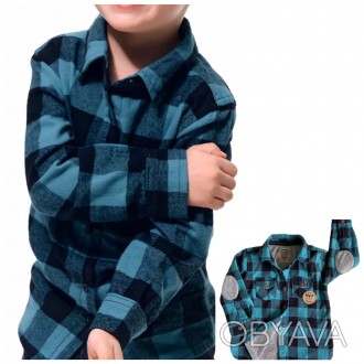 
Тёплая рубашка в бирюзово-синюю клетку для маленьких мальчиков из двойной ткани. . фото 1