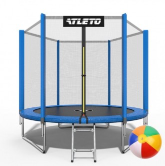 Детский батут Atleto 252 см с внешней сеткой, лестница. Цвет синий. Мячик в пода. . фото 2