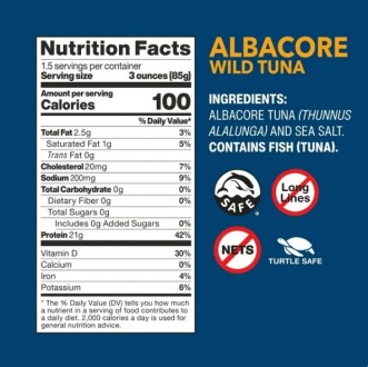 Дикий тунец альбакоре, 142 г в банке, приправлен морской солью, чтобы сохранить . . фото 7