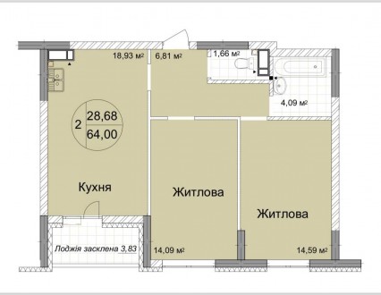 Двокімнатна квартира вільного планування загальною площею 64 м2 в одному з найкр. . фото 8