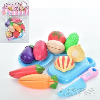 Дитяча іграшка продукти що розрізаються на липучці, дощечка, ніж, тарілки, овочі. . фото 1