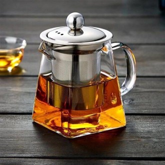 Квадратный стеклянный чайник заварочный, с ситечком, 550 мл, китайский, из борос. . фото 2