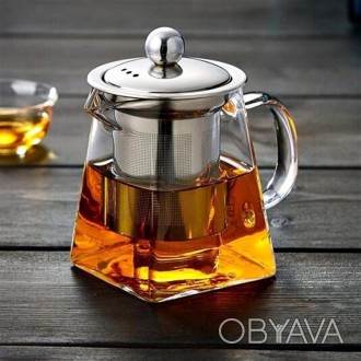 Квадратный стеклянный чайник заварочный, с ситечком, 550 мл, китайский, из борос. . фото 1