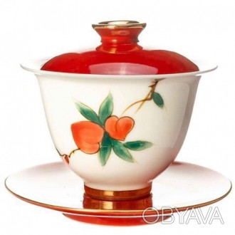 Гайвань для китайского чая Сань-Цай Хурма фарфоровая, 170 мл, чайная, китайская,. . фото 1