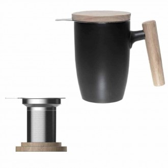 Чашка-заварник керамическая для чая Wooden Brew Mug Light, Черная, 450 мл, Кружк. . фото 3
