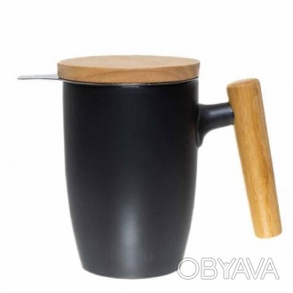 Чашка-заварник керамическая для чая Wooden Brew Mug Light, Черная, 450 мл, Кружк
