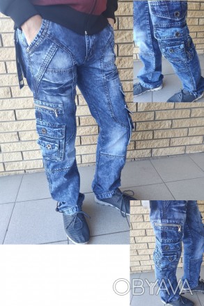 Джинсы мужские коттоновые с накладными карманами "карго" VIGOOCC, Турция, 100% к. . фото 1