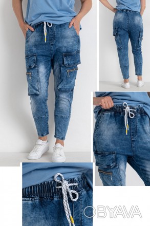 Джоггеры, джинсы с поясом на резинке, с накладными карманами карго демисезонные,. . фото 1