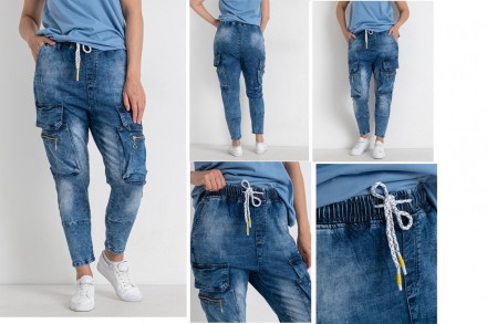 Джоггеры, джинсы с поясом на резинке, с накладными карманами карго демисезонные,. . фото 2