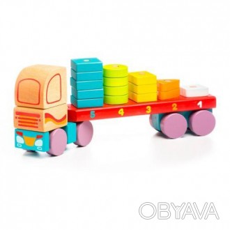 Яскрава деревʼяна іграшка-сортер у вигляді вантажівки, яка везе геометричні фігу. . фото 1