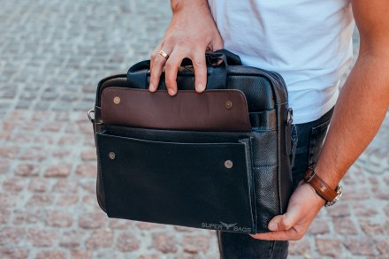 
 
Ділова сумка-портфель чоловіча шкіряна для ноутбука і документів чорна Tiding. . фото 11
