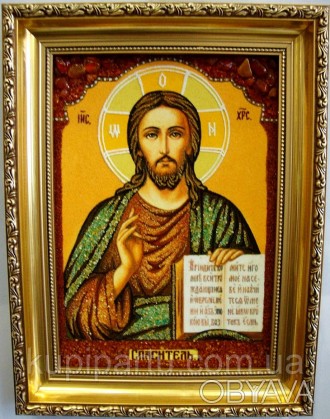 Образ Христа Спасителя, богато декорирован вкраплениями цельных кусочков янтаря . . фото 1