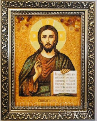 Подарочный лик «Иисус Христос Господь Вседержитель» из янтаря ручного произведен. . фото 1