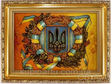 Отличный украинский сувенир – герб Украины в венке с янтарем в рамке. Изображенн. . фото 1
