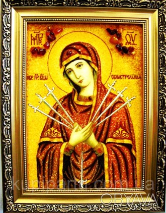 На этой иконе, выполненной из янтарной крошки, изображена Божья Матерь, пронизан. . фото 1
