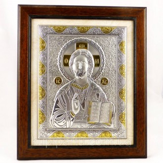 Икона Христос в деревянной рамке изготовлена на медном основании и покрывается с. . фото 3