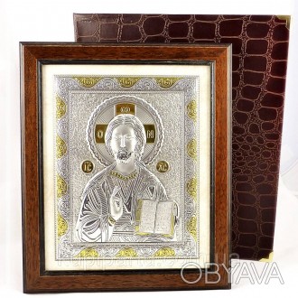 Икона Христос в деревянной рамке изготовлена на медном основании и покрывается с. . фото 1