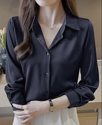 Класична жіноча однотонна чорна сорочка.
Прості ґудзики,
Елегантна сорочка з д. . фото 4