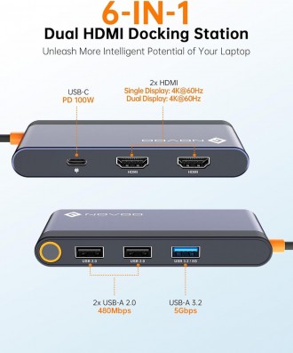 Док-станція NOVOO USB C з двома моніторами, адаптер USB-C на подвійний HDMI з дв. . фото 6