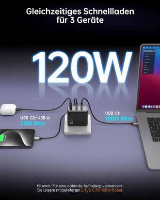 Зарядний пристрій NOVOO 120 Вт USB C GaN III 3-портовий блок живлення USB C Швид. . фото 8
