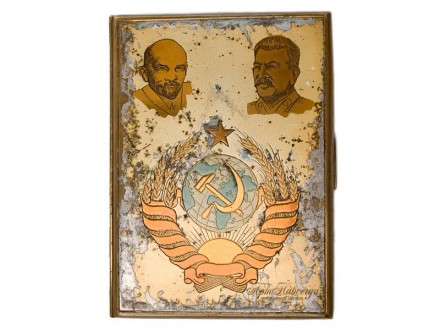Наградной портсигар "Ленин-Сталин", изготовленный из посеребренной лат. . фото 2