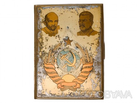 Наградной портсигар "Ленин-Сталин", изготовленный из посеребренной лат. . фото 1