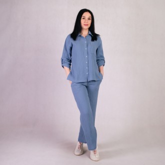 Женский летний костюм свободные штаны и рубашка муслин однотонный синий р. 42-54. . фото 2
