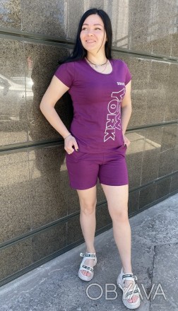 Костюм футболка шорты женский летний трикотажный однотонный сливовый р.44-58