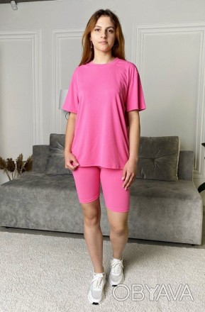 Костюм женский однотонный легкий прогулочный футболка и велосипедки розовый 46-5