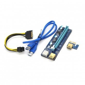 Riser PCI-EX, x1 => x16, 6-pin, SATA => 6Pin, USB 3.0 AM-AM 0,6 м (синій), конде. Київ. фото 1 Riser PCI-EX, x1 => x16, 6-pin, SATA => 6Pin, USB 3.0 AM-AM 0,6 м (синій), конде. Київ. фото 1